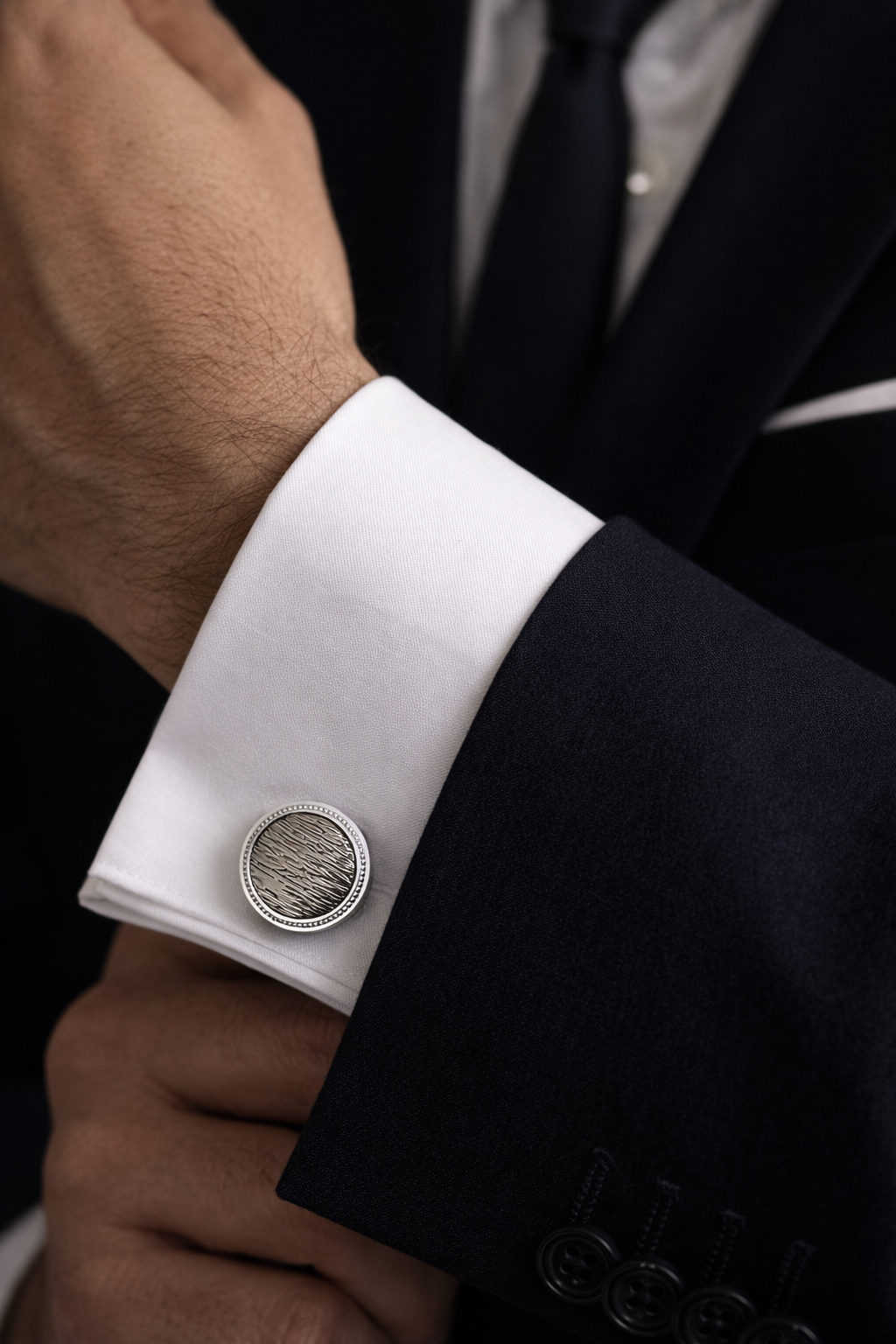 Premium Textured Silver Round Cufflinks for Men
