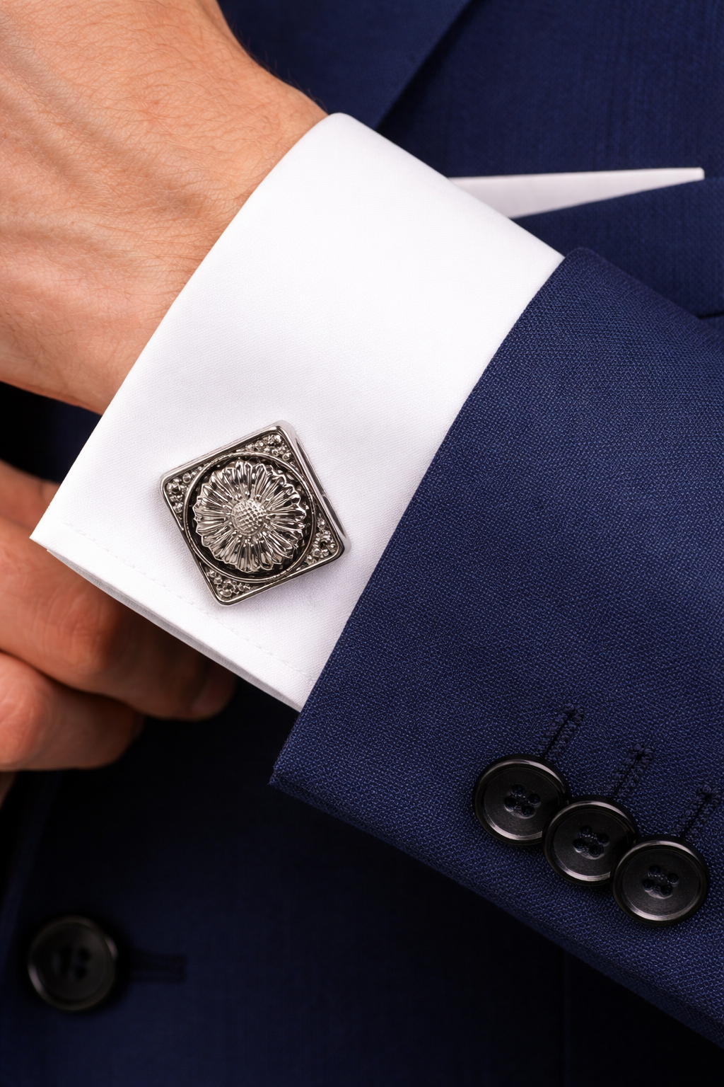 Silver Floral Square Cufflinks for Men