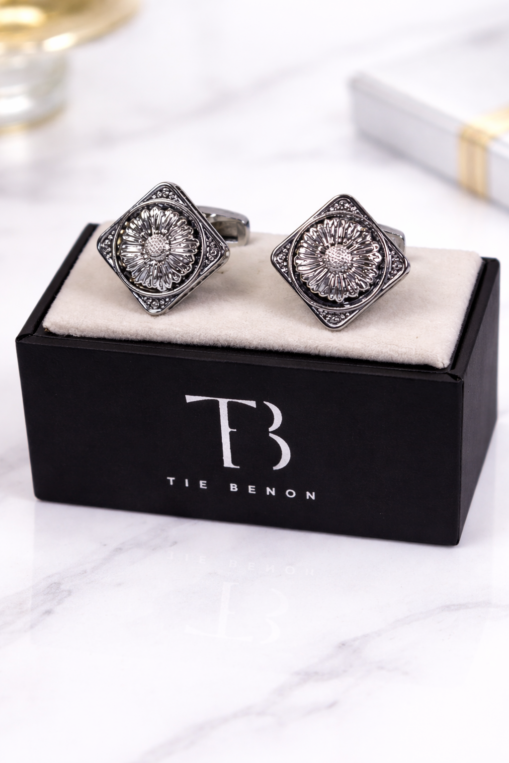 Silver Floral Square Cufflinks for Men