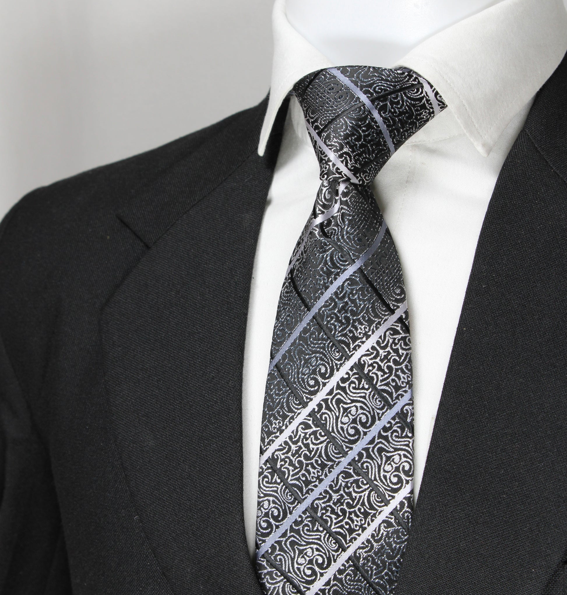 Black & Silver Floral Plaid Tie & Pocket Square