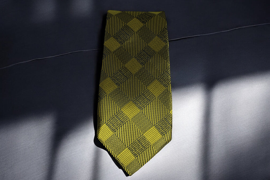 A golden plaid tie laid out on a surface, displaying a pattern of yellow and black lines.