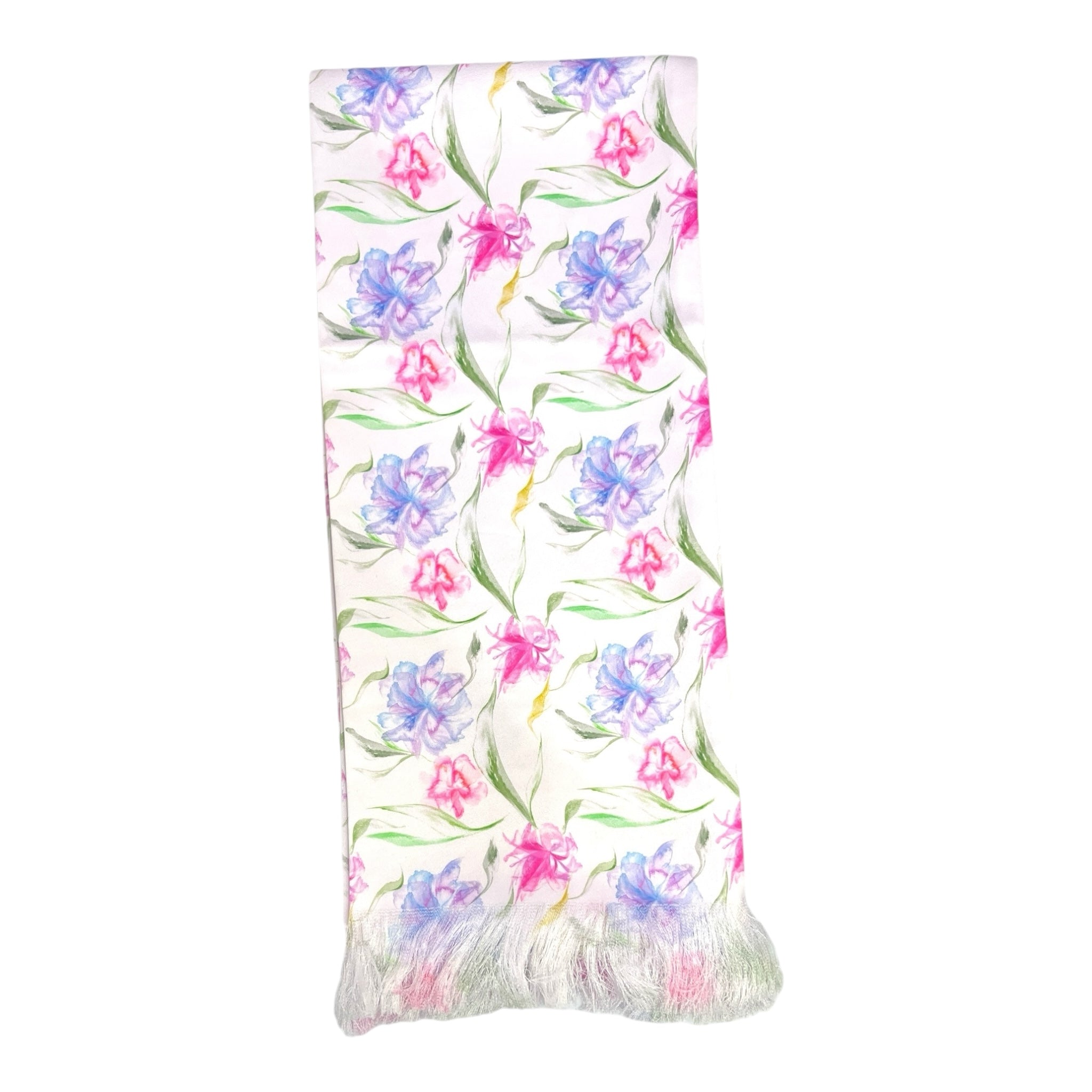 White Floral Printed Scarf With Pocket Square