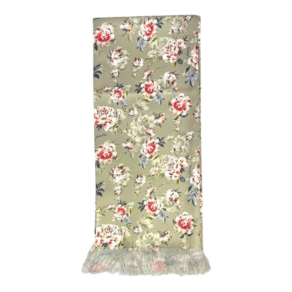 Basil Green Floral Printed Scarf With Pocket Square