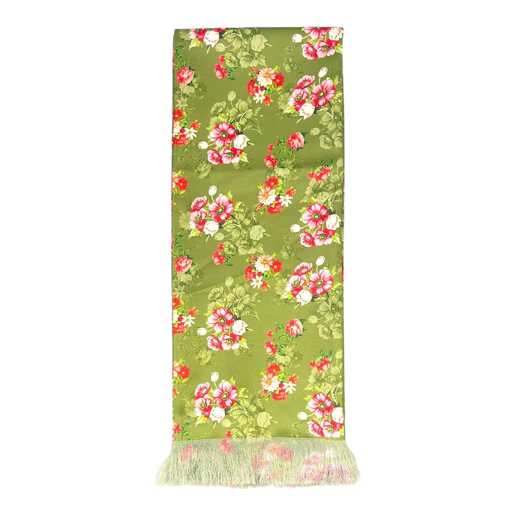 Chartreuse Green Floral Printed Scarf With Pocket Square