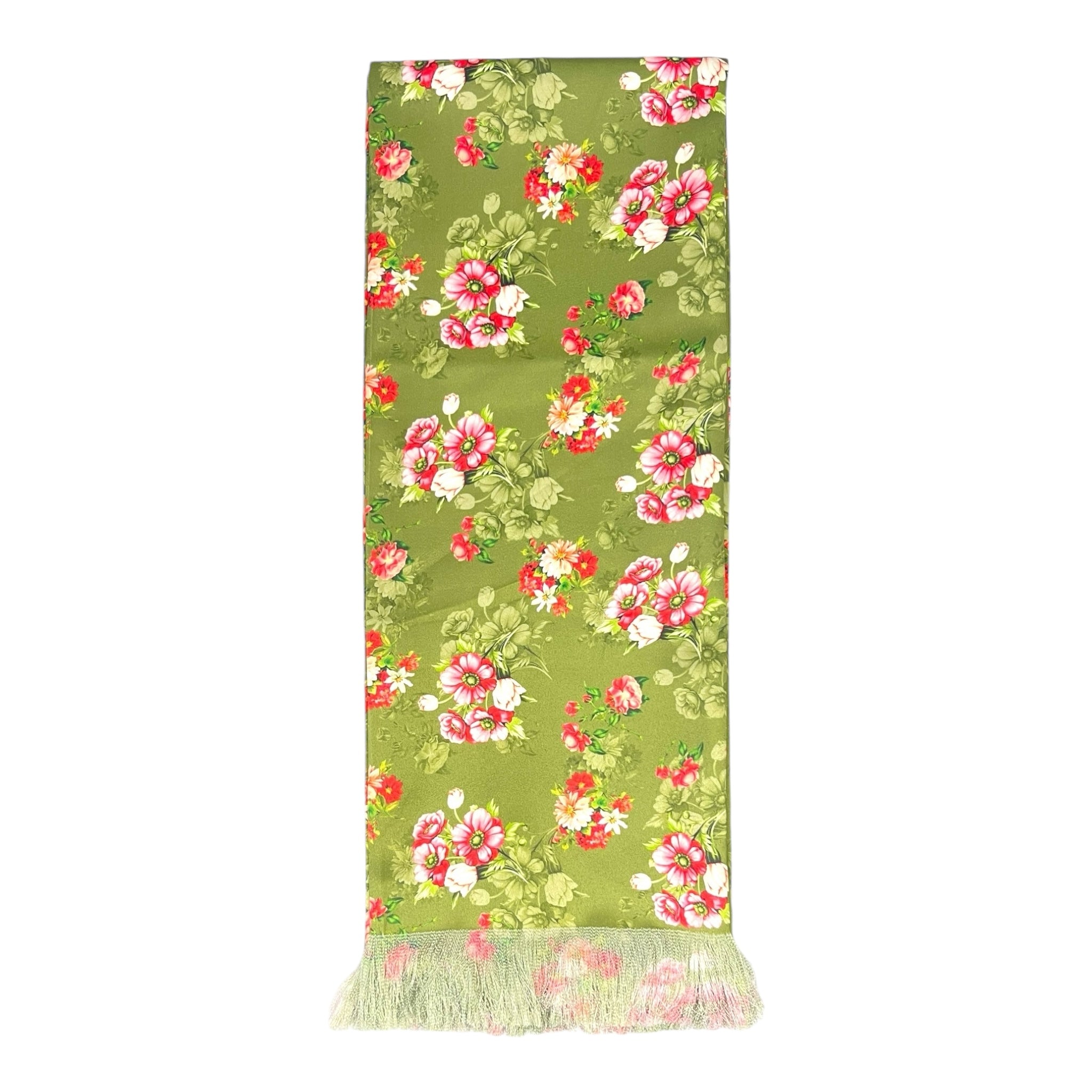 Chartreuse Green Floral Printed Scarf With Pocket Square