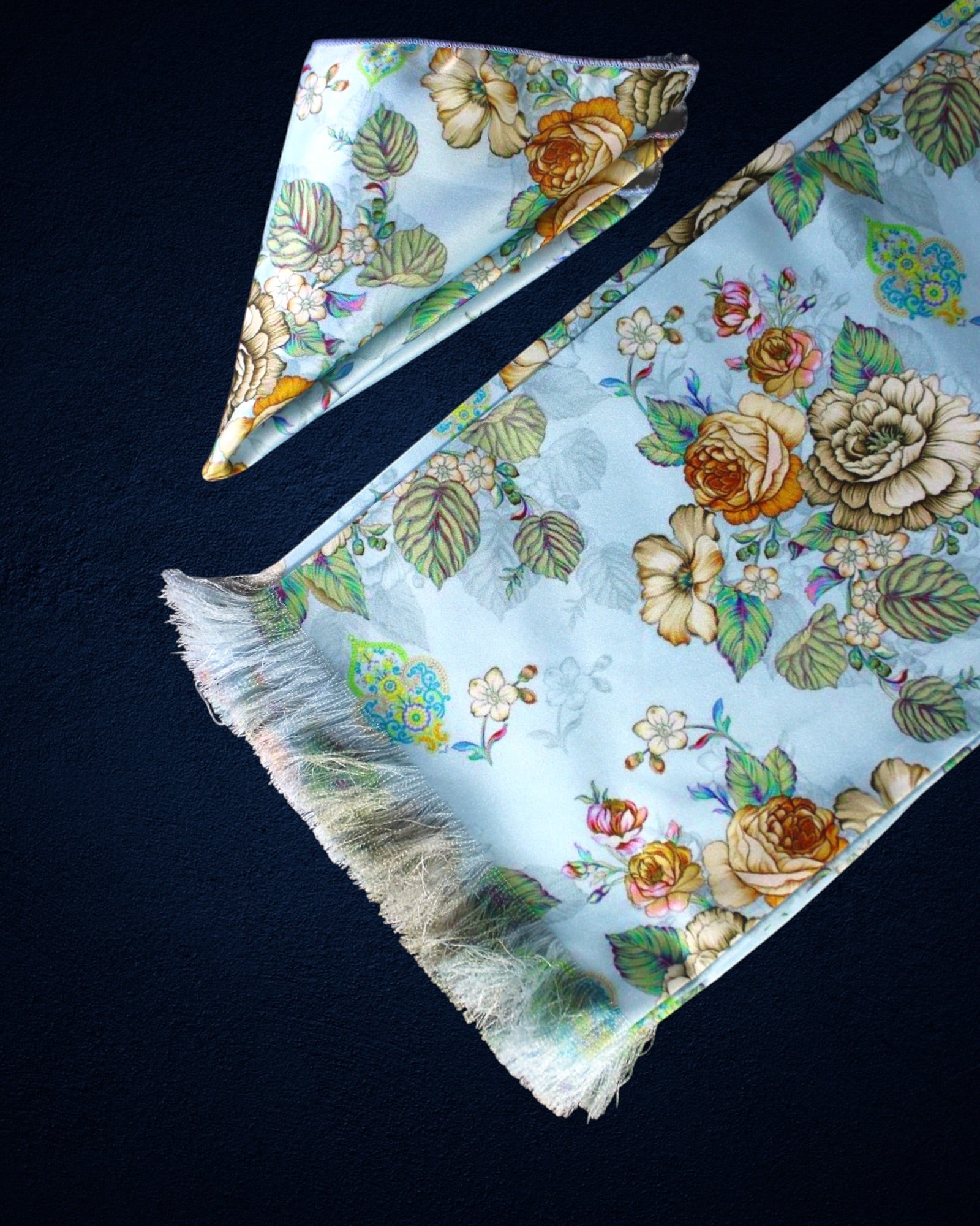 Blue Floral Printed Scarf With Pocket Square