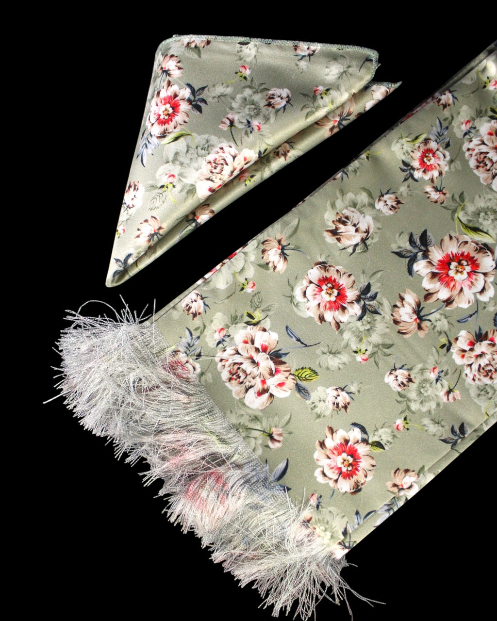 Basil Green Floral Printed Scarf With Pocket Square