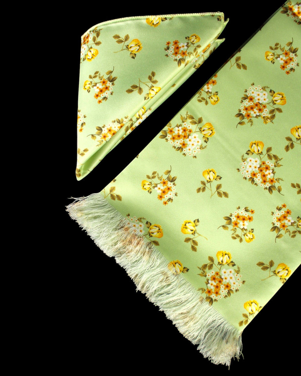 Sage Green And Yellow Floral Printed Scarf With Pocket Square