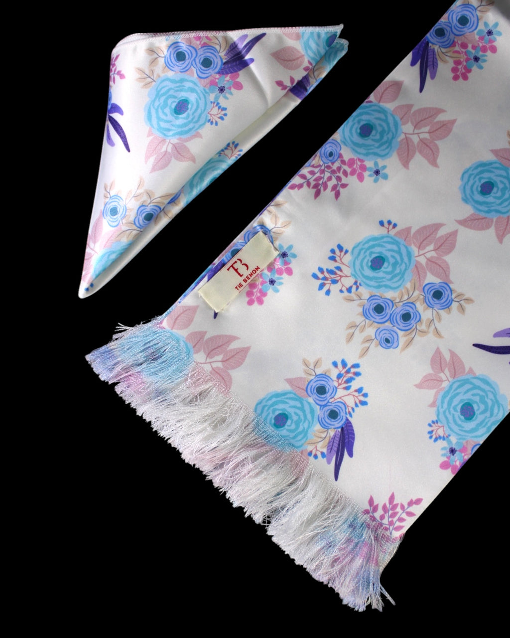 White Floral Printed Scarf With Pocket Square