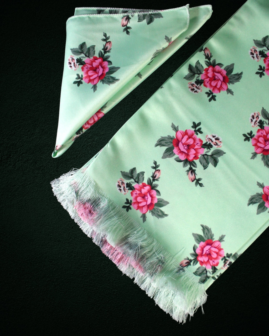 Mint Green Floral Printed Scarf With Pocket Square