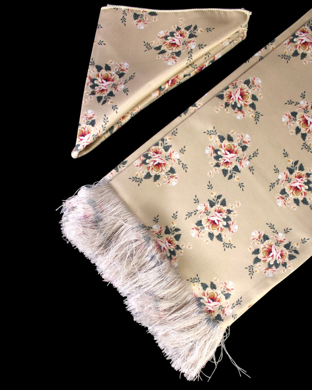 Beige Floral Printed Scarf With Pocket Square