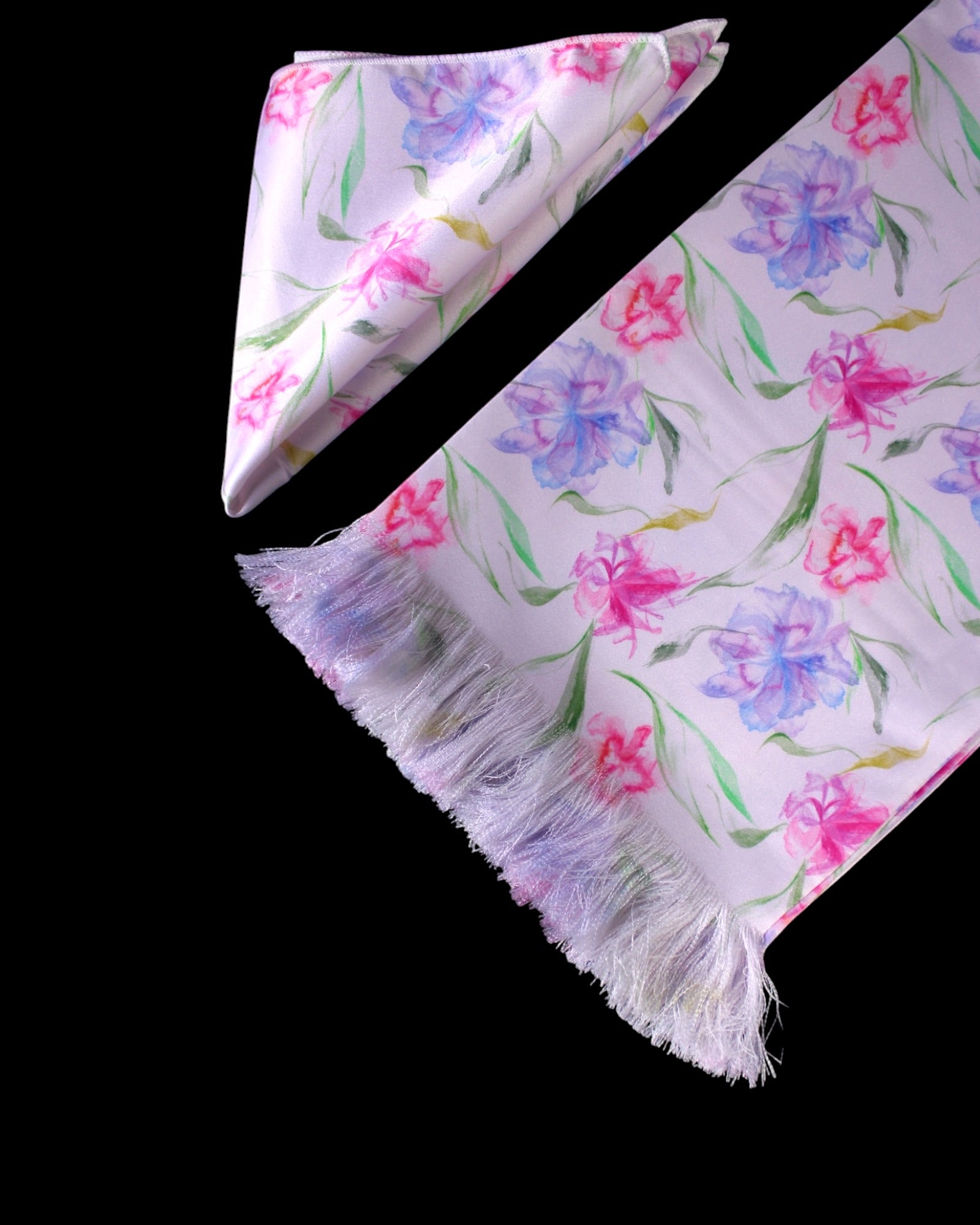 White Floral Printed Scarf With Pocket Square