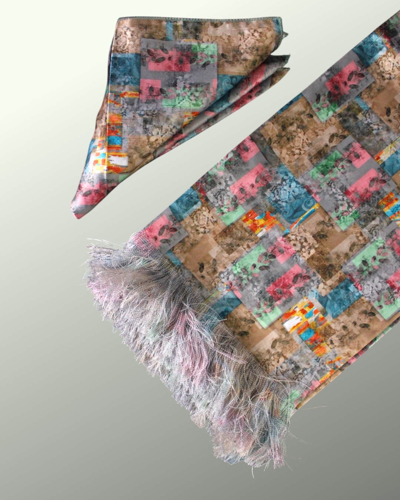 Brown Multicolour Geometric Printed Scarf With Pocket Square