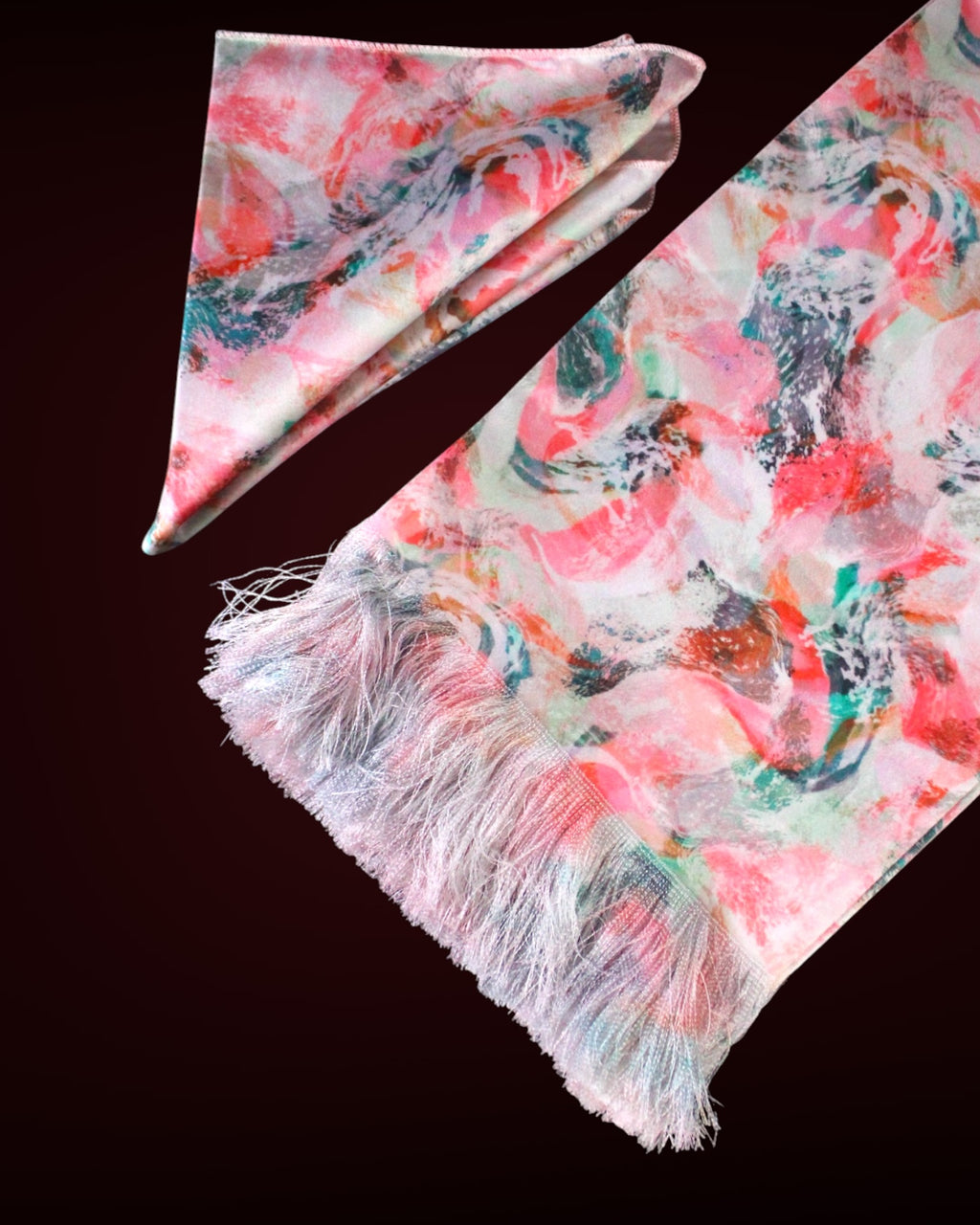 Pink Wavy Printed Scarf With Pocket Square