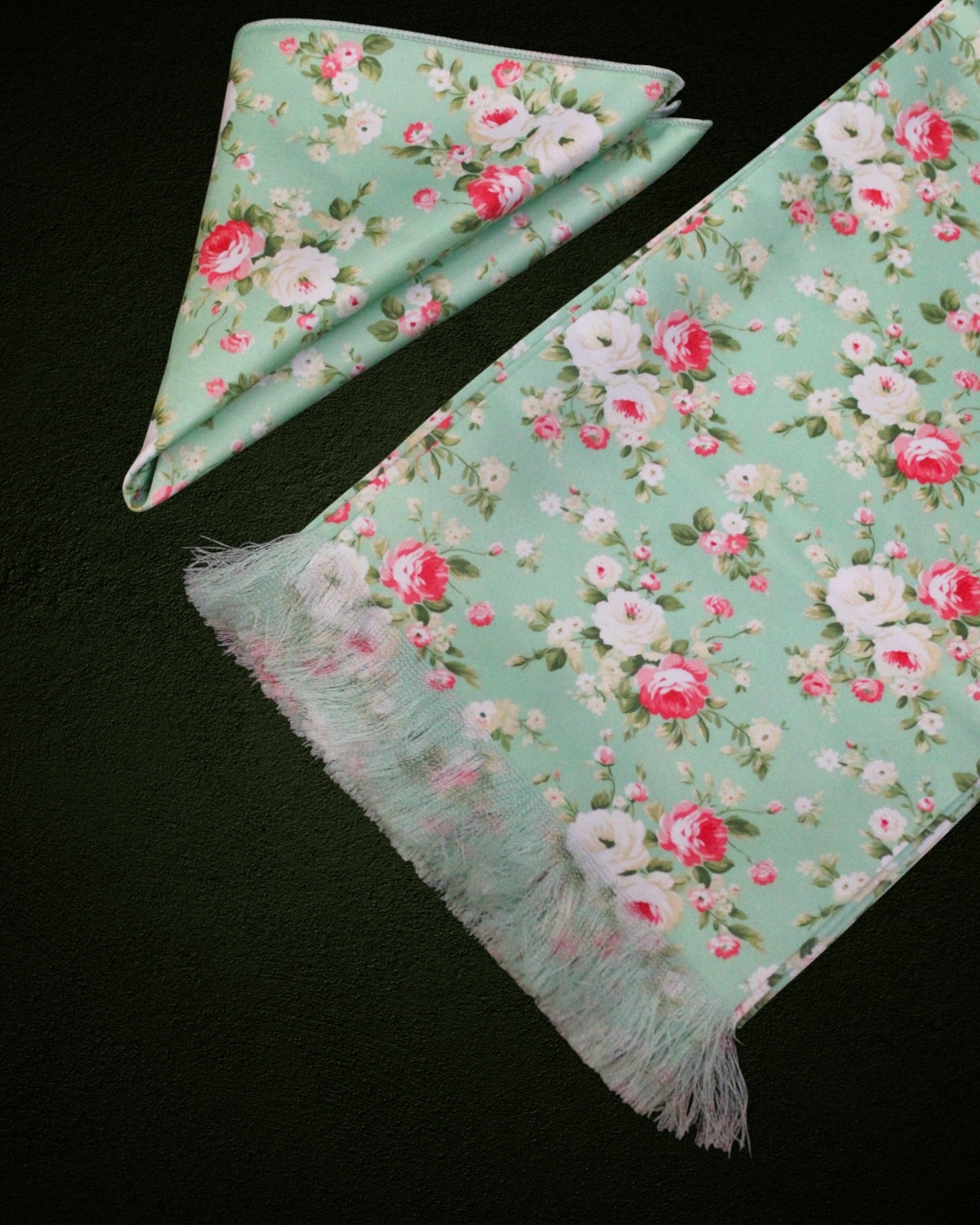 Mint Green Floral Printed Scarf With Pocket Square