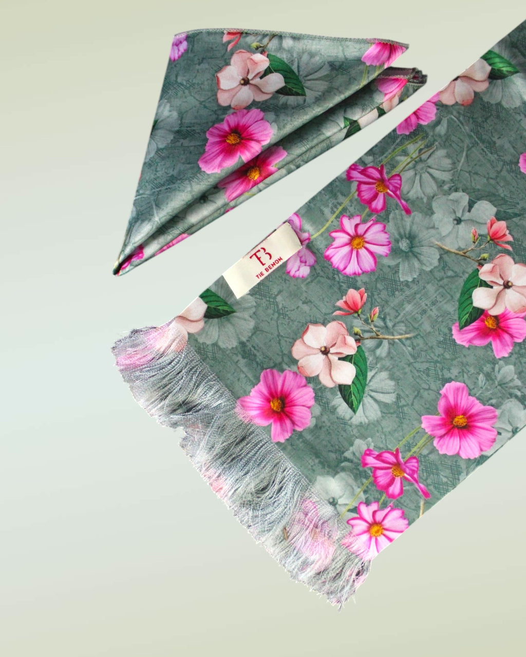 Laurel Green Floral Printed Scarf With Pocket Square