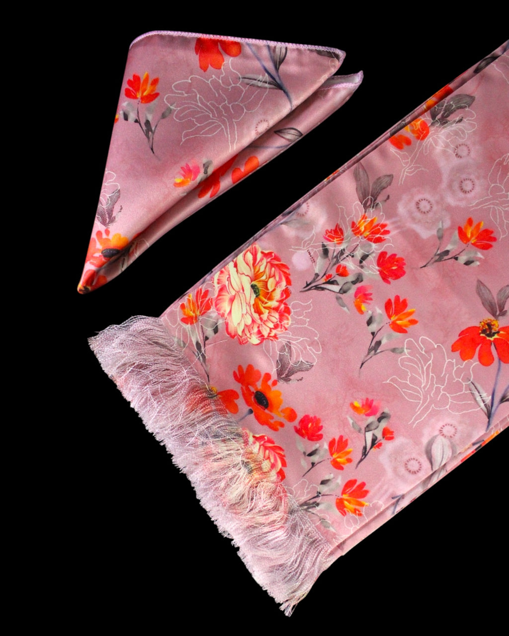 Pinkish Peach Floral Scarf With Pocket Square