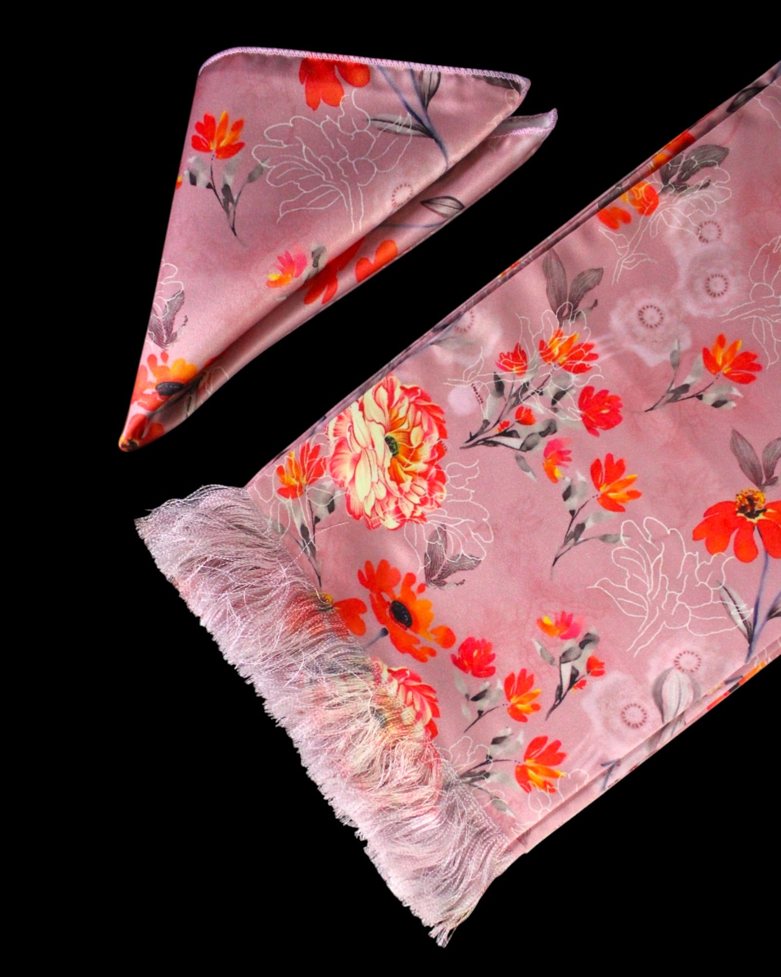 Pinkish Peach Floral Scarf With Pocket Square