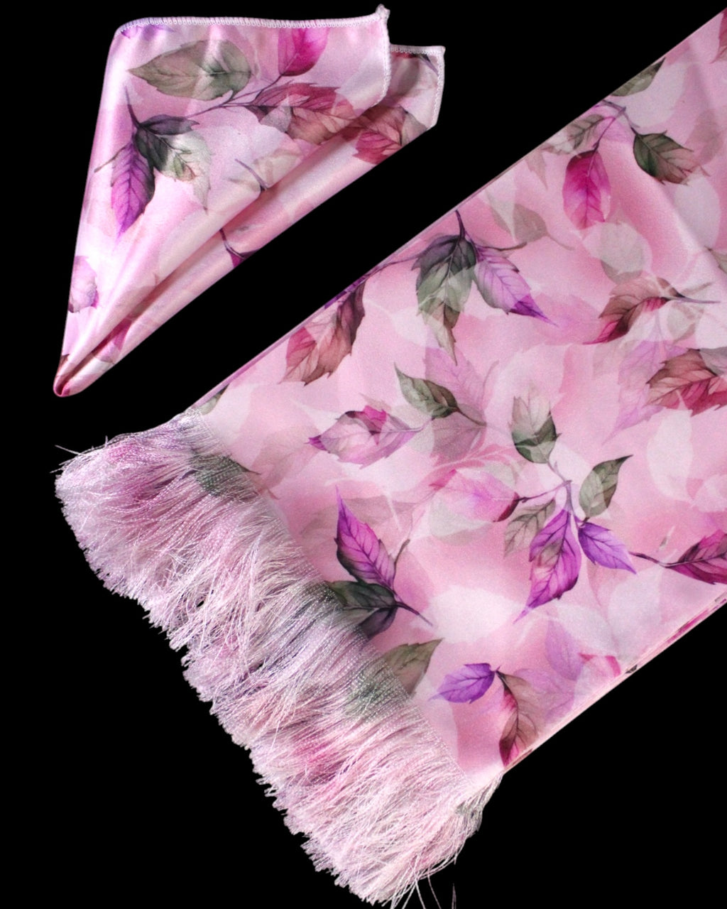 Pink Leafy Printed Scarf With Pocket Square