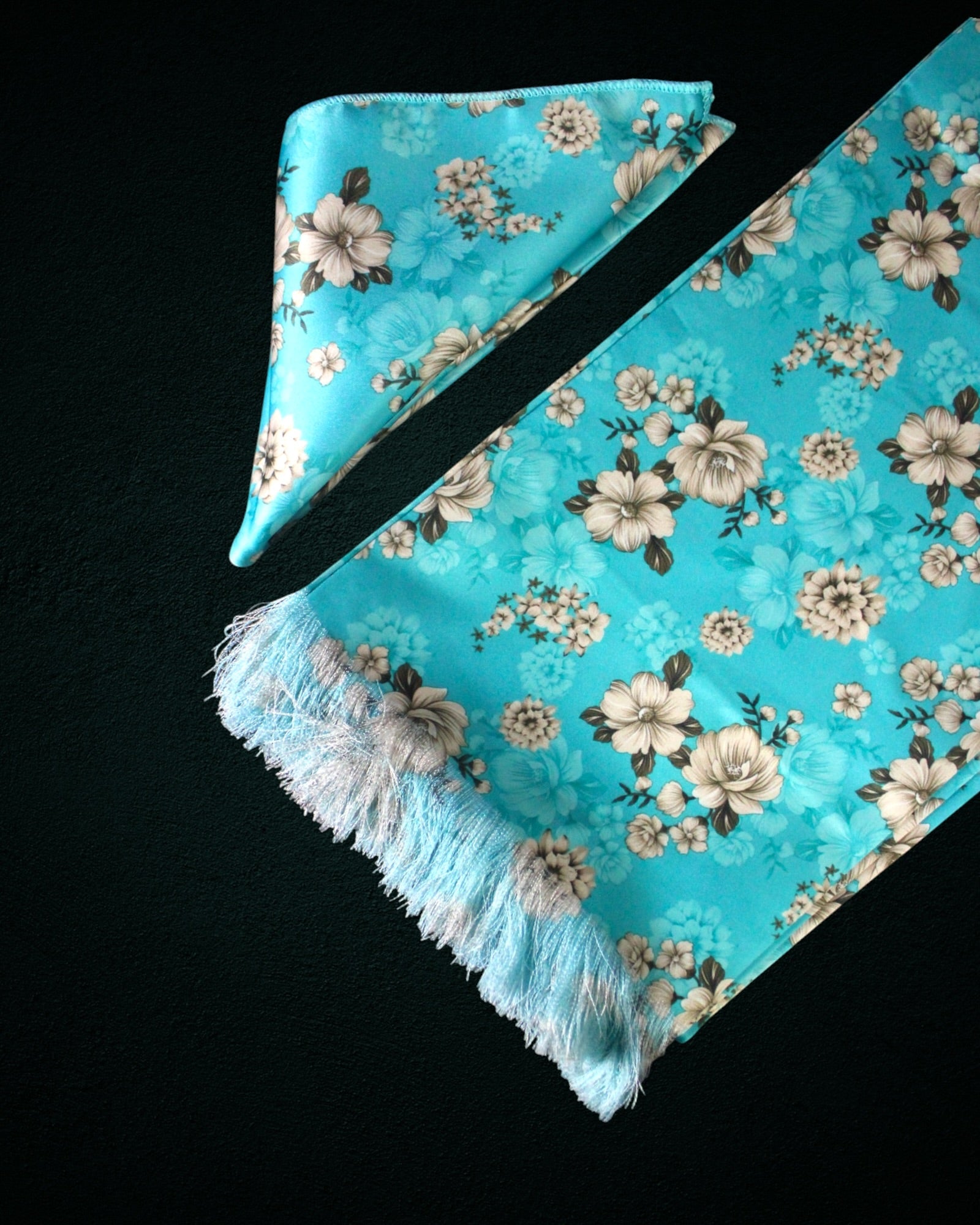 Aqua Blue Floral Printed Scarf With Pocket Square