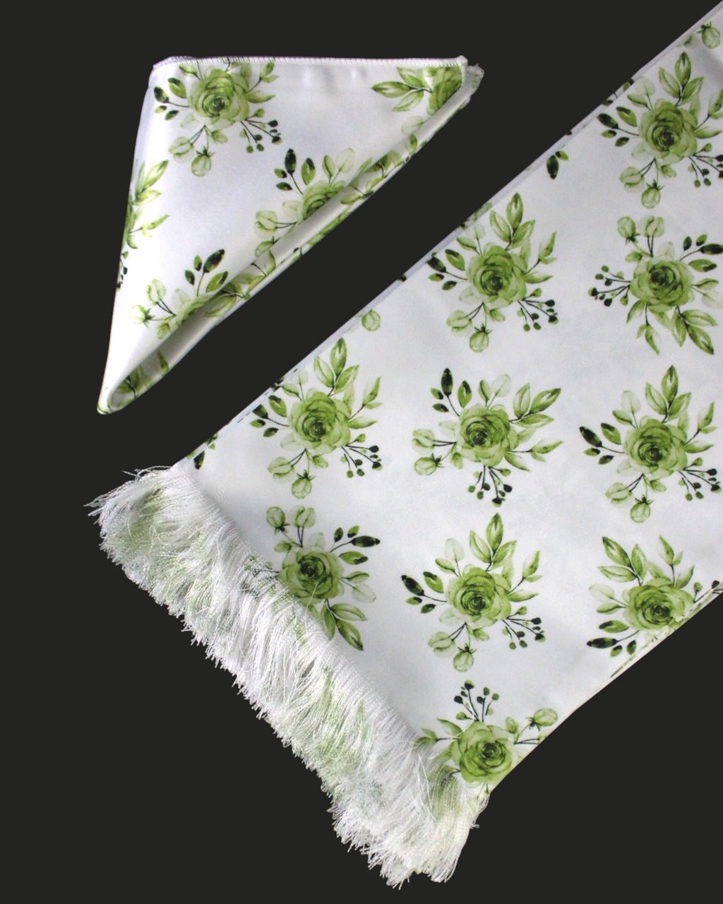 Sage Green Floral Printed Scarf With Pocket Square