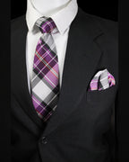 Black suit with a purple plaid tie and matching pocket square Tie Benon