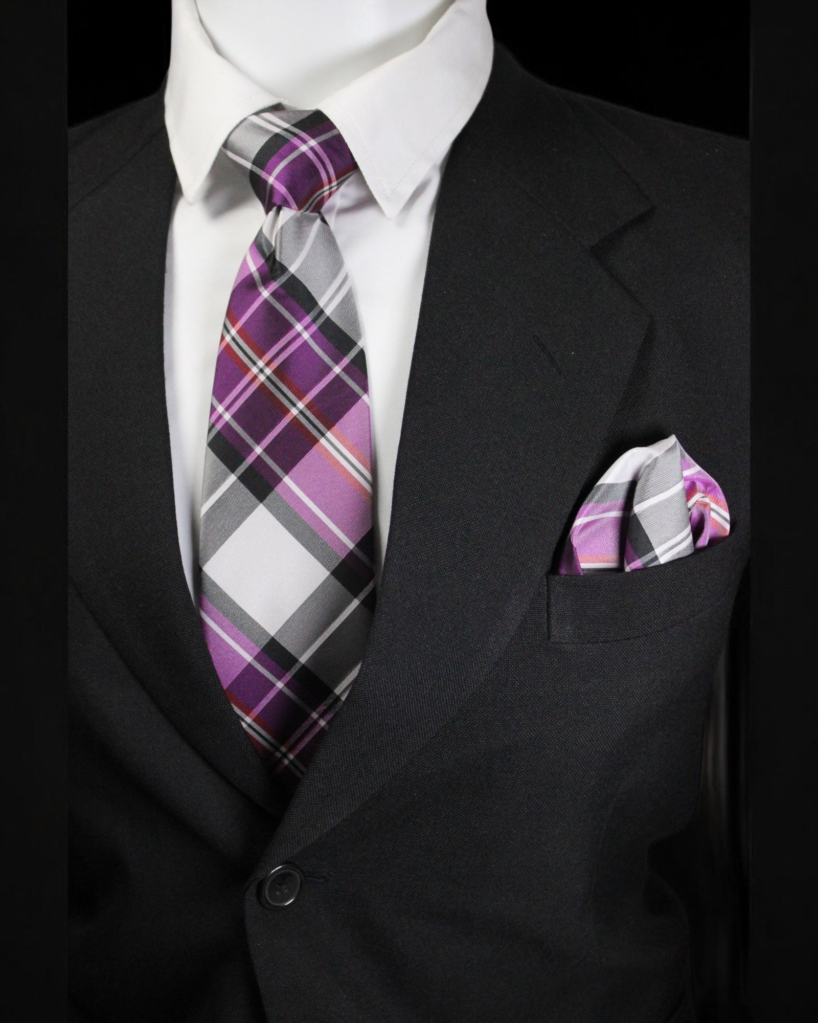 Black suit with a purple plaid tie and matching pocket square Tie Benon