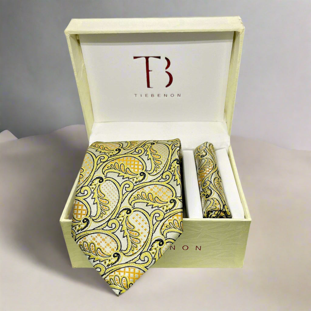 Lemon Yellow Geometric Tie And Pocket Square Combo