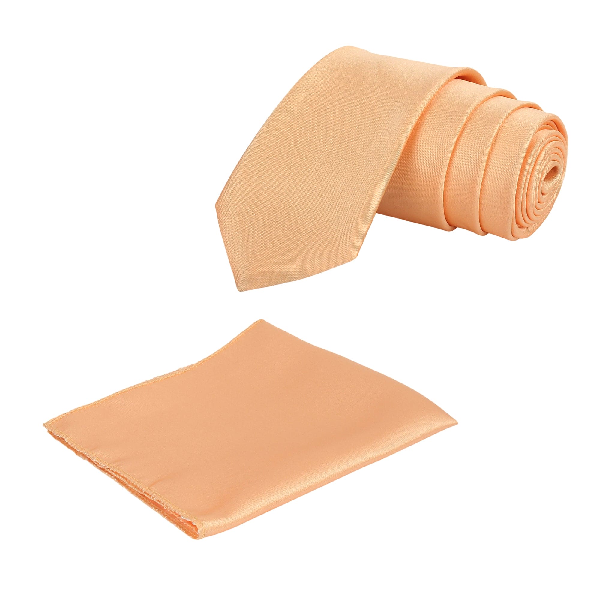 A light peach solid necktie with a matching pocket square, both laid out on a white background.