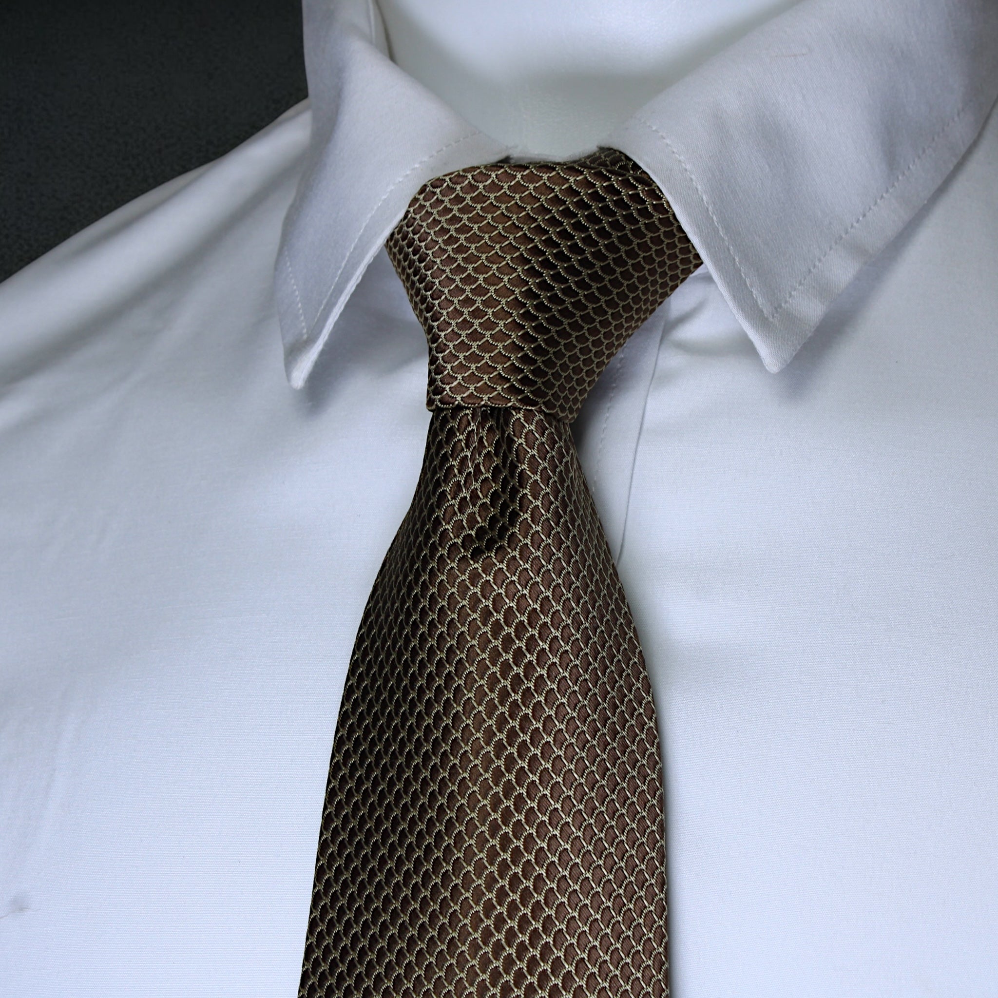Brown patterned tie on a white shirt