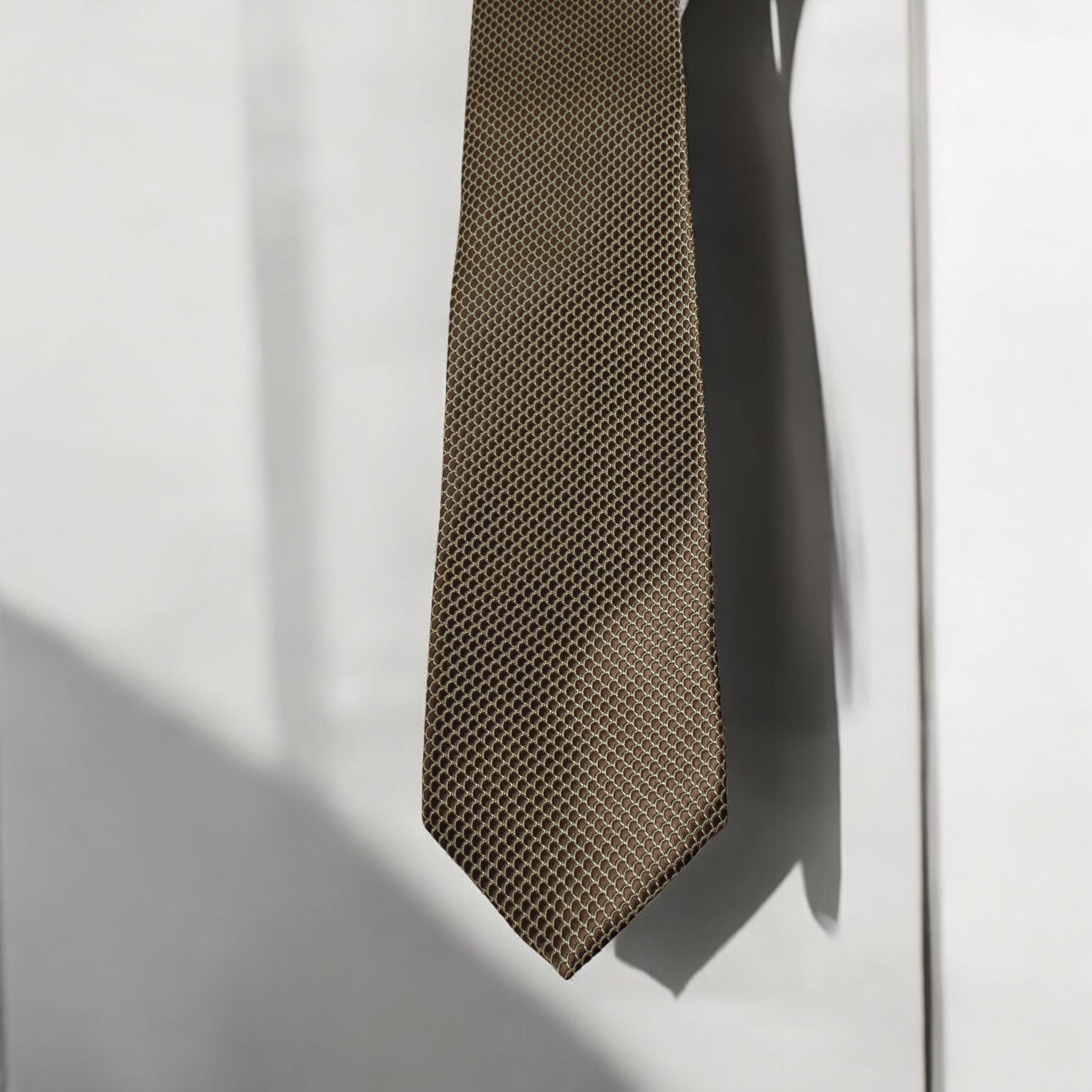 Brown patterned tie hanging on a white wall