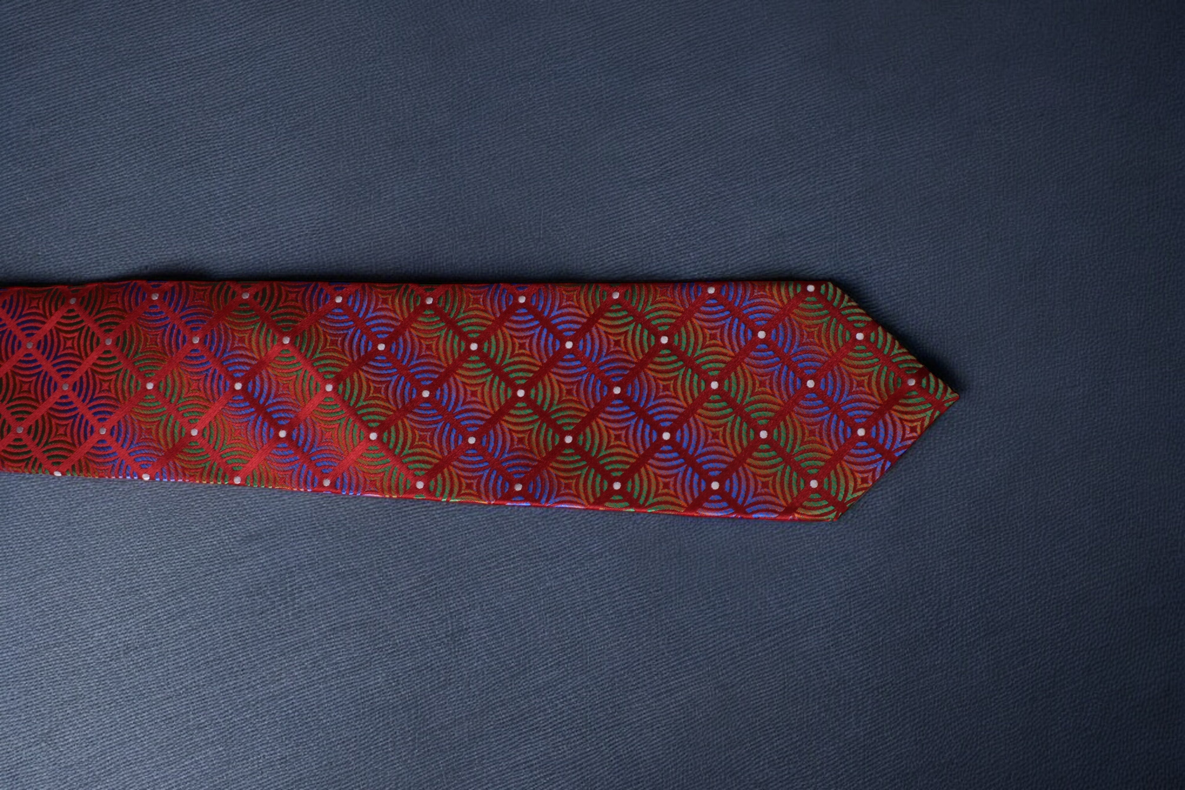 Luxurious Red Microsilk Tie with Vibrant Geometric Pattern