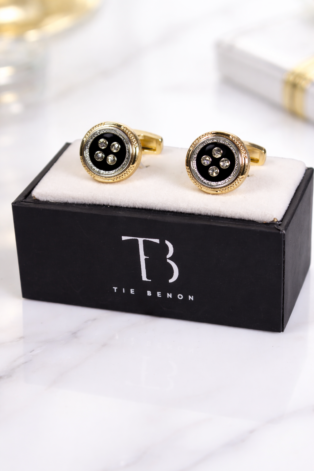 Luxury Gold & Black Crystal Button Cufflinks for Men