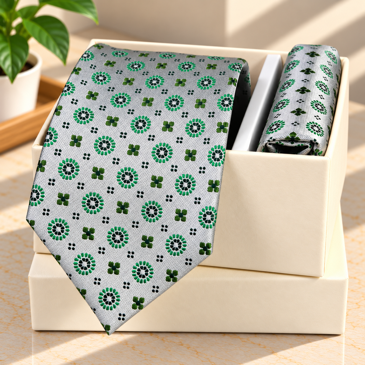 Silver & Green Geometric MicroSilk Necktie Set with Pocket Square