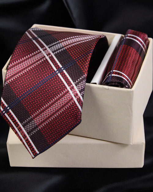 Plaid tie and pocket square set in a box on a dark background Tie Benon