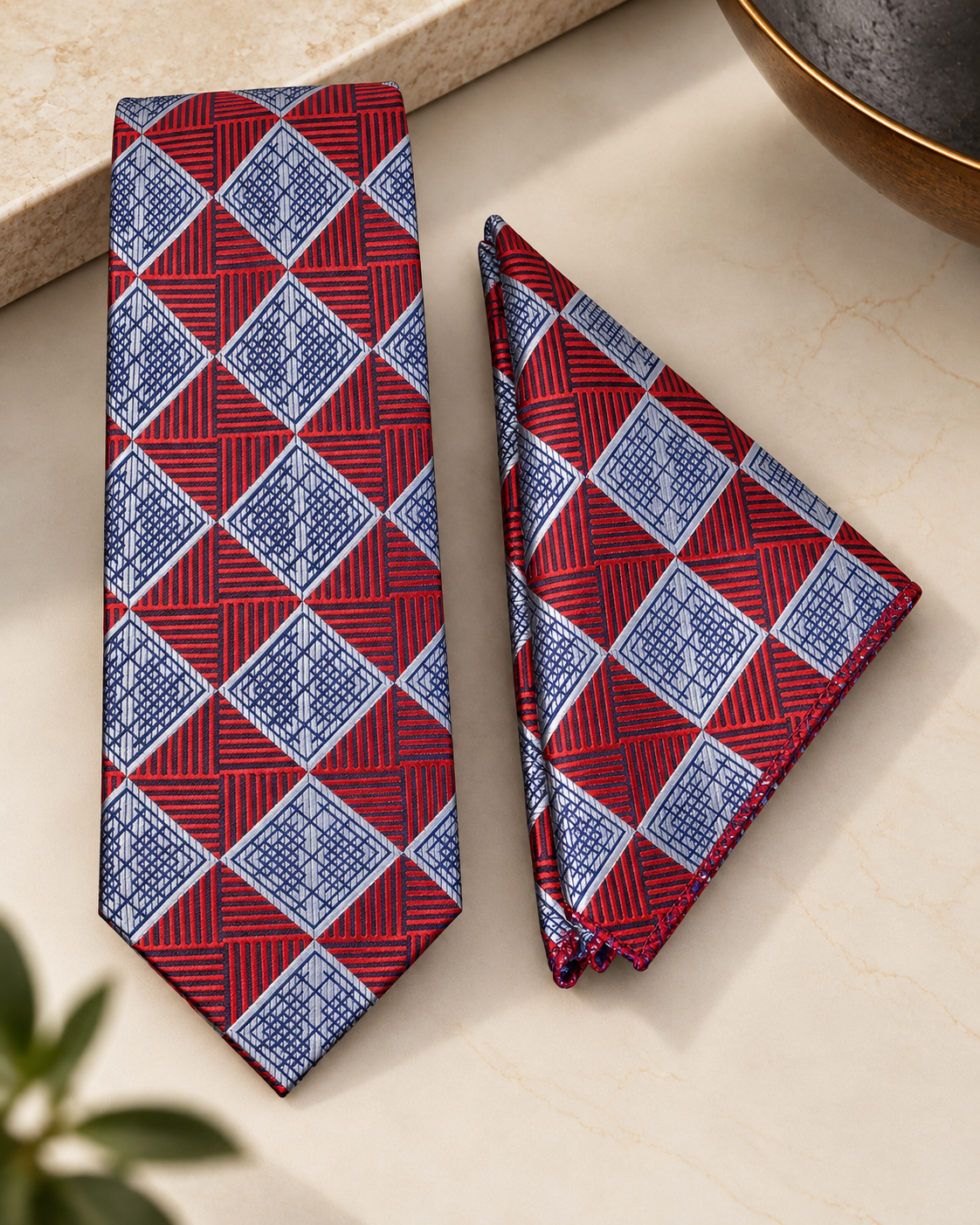 Red & Silver Geometric MicroSilk Tie and Pocket Square Set