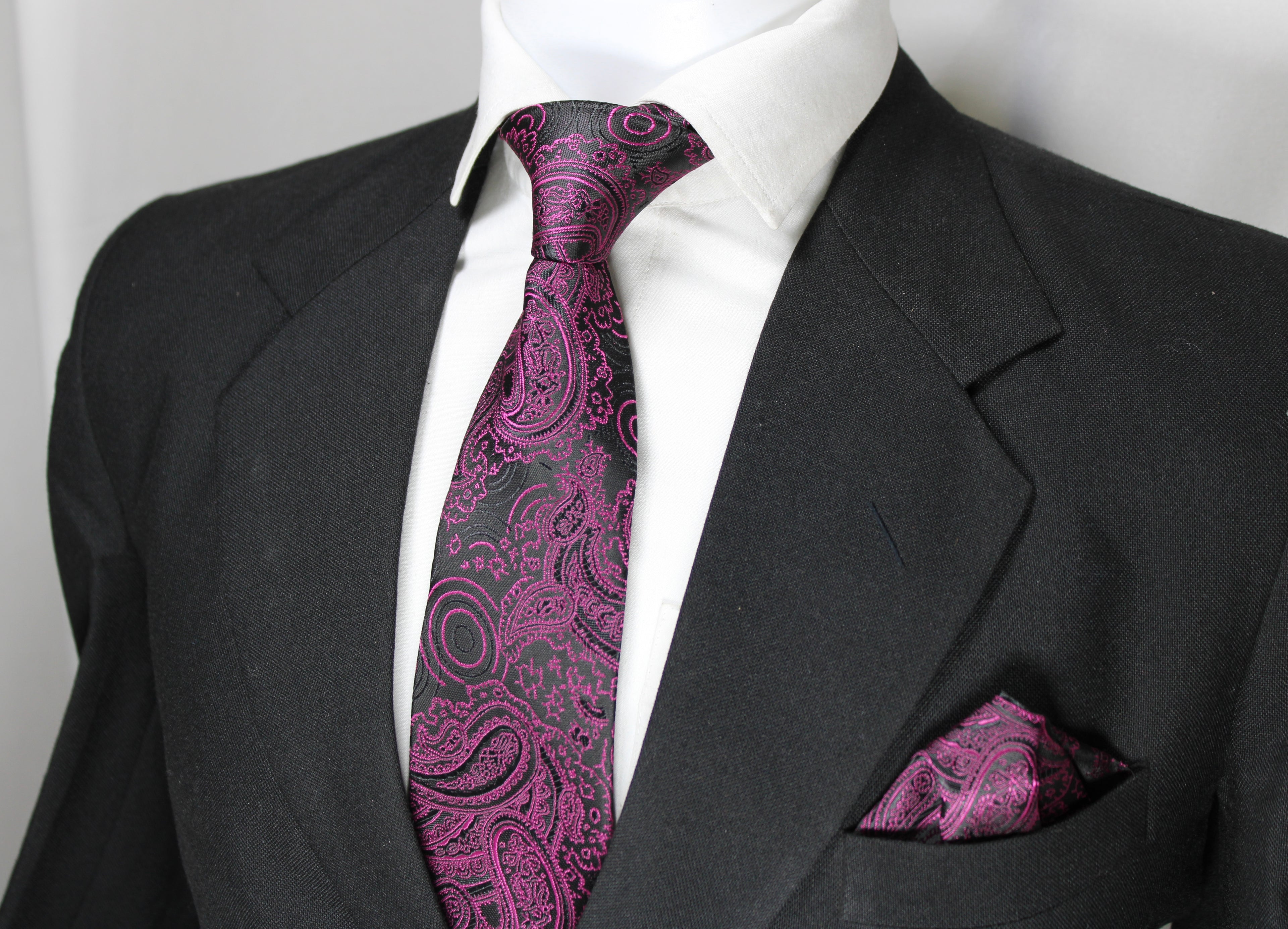 Magenta & Black Paisley Floral Tie & Pocket Square