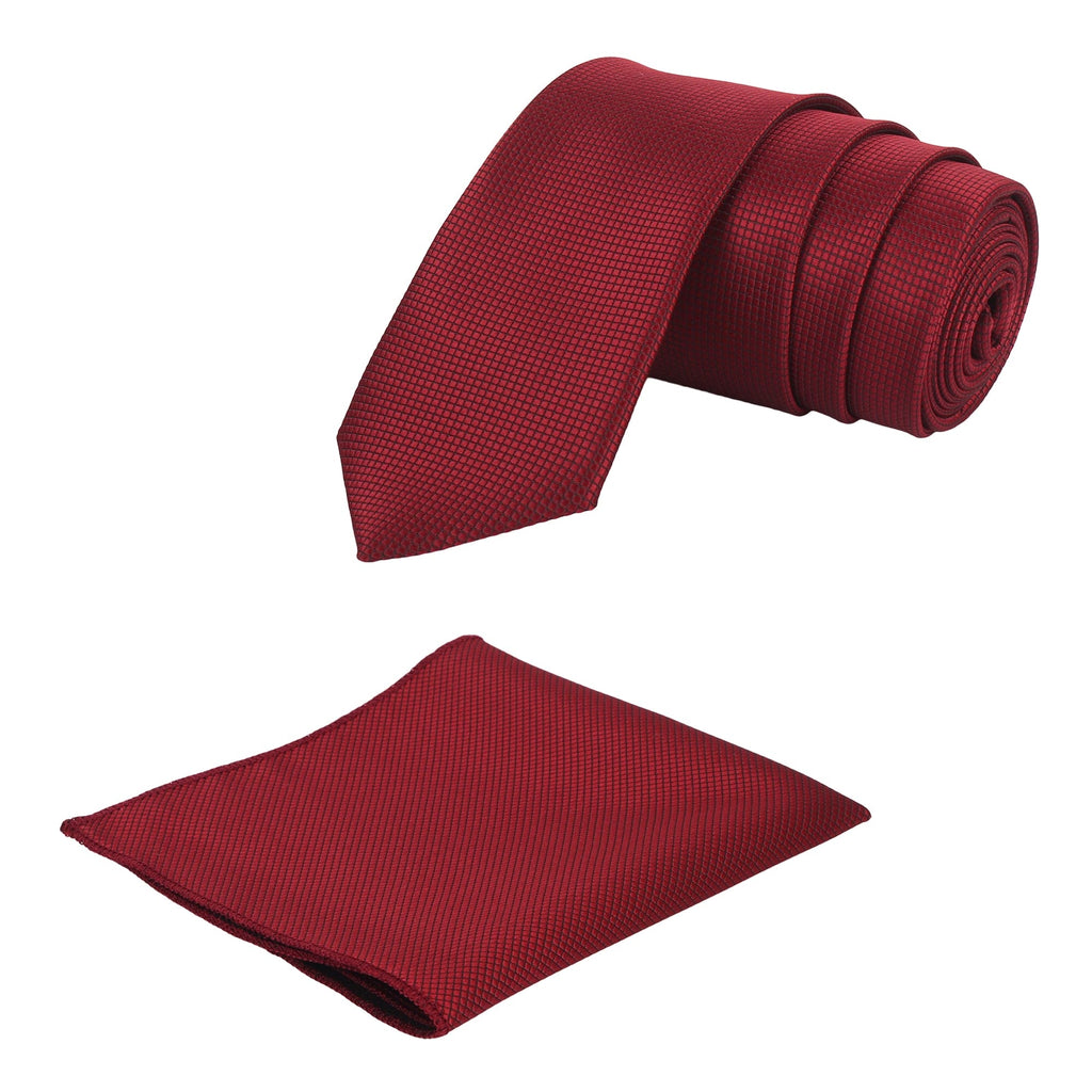 A maroon solid necktie with a matching pocket square, both laid out on a white background.