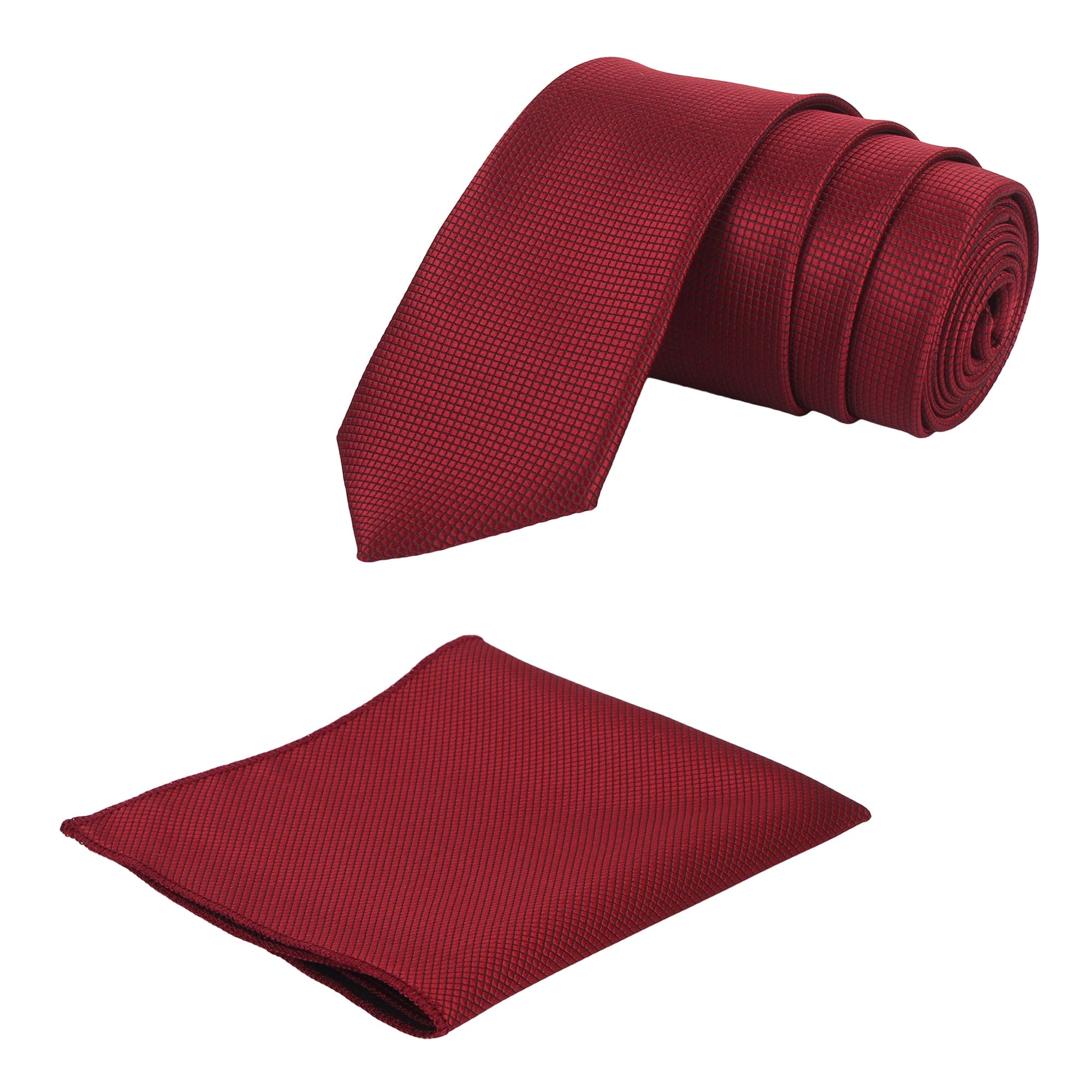 A maroon solid necktie with a matching pocket square, both laid out on a white background.