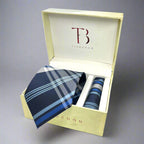 Navy Blue Plaid Tie And Pocket Square Combo