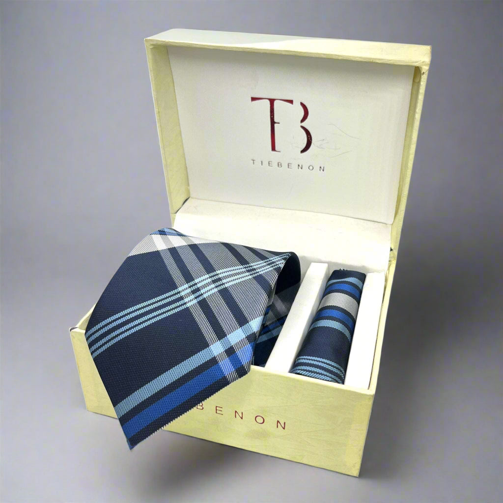 Navy Blue Plaid Tie And Pocket Square Combo