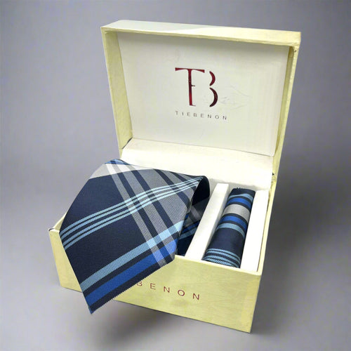 Navy Blue Plaid Tie And Pocket Square Combo