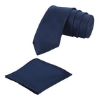 A navy blue solid necktie with a matching pocket square, displayed on a white background.