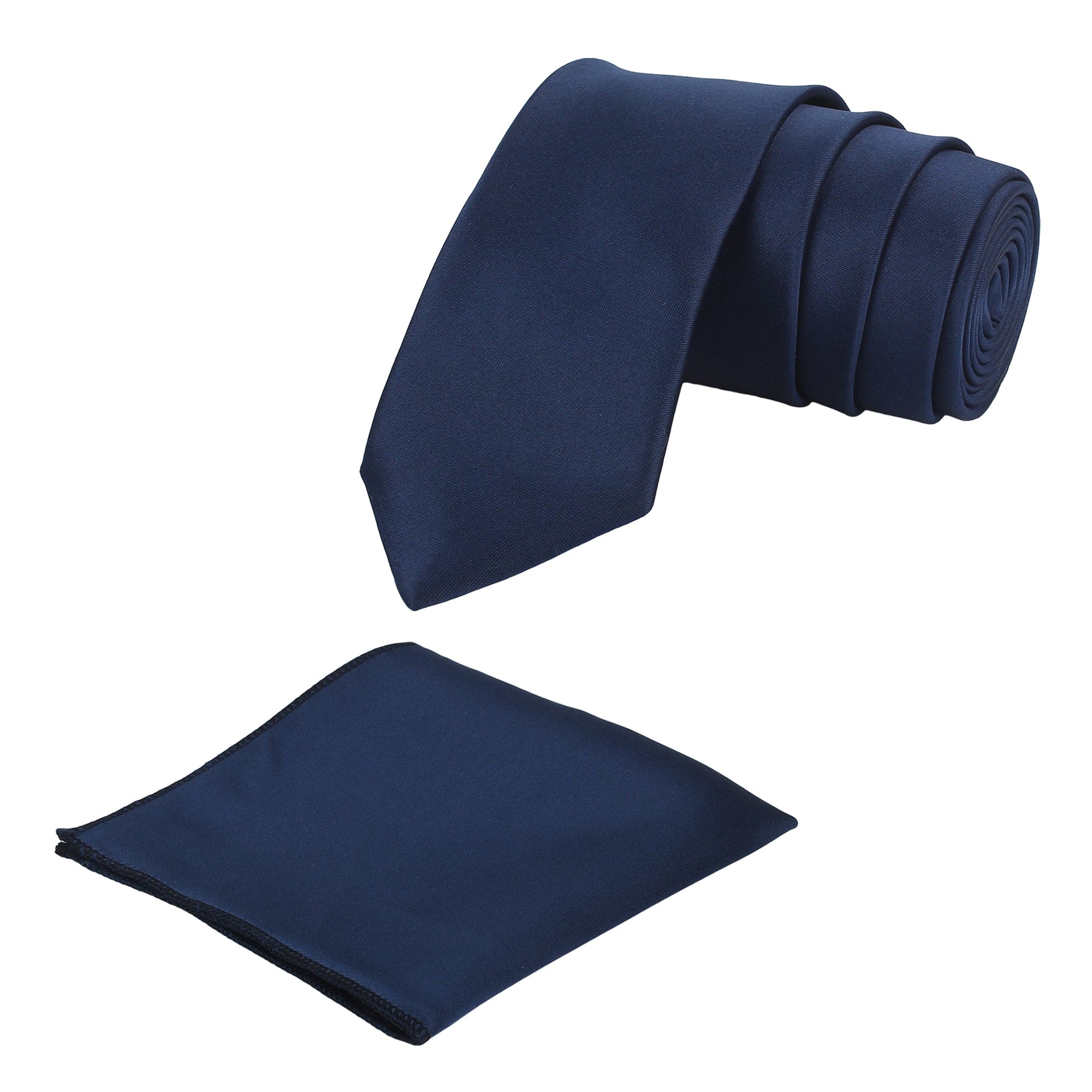 A navy blue solid necktie with a matching pocket square, displayed on a white background.
