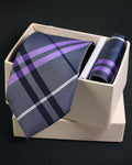 Plaid tie and pocket square set in a box on a black background Tie Benon
