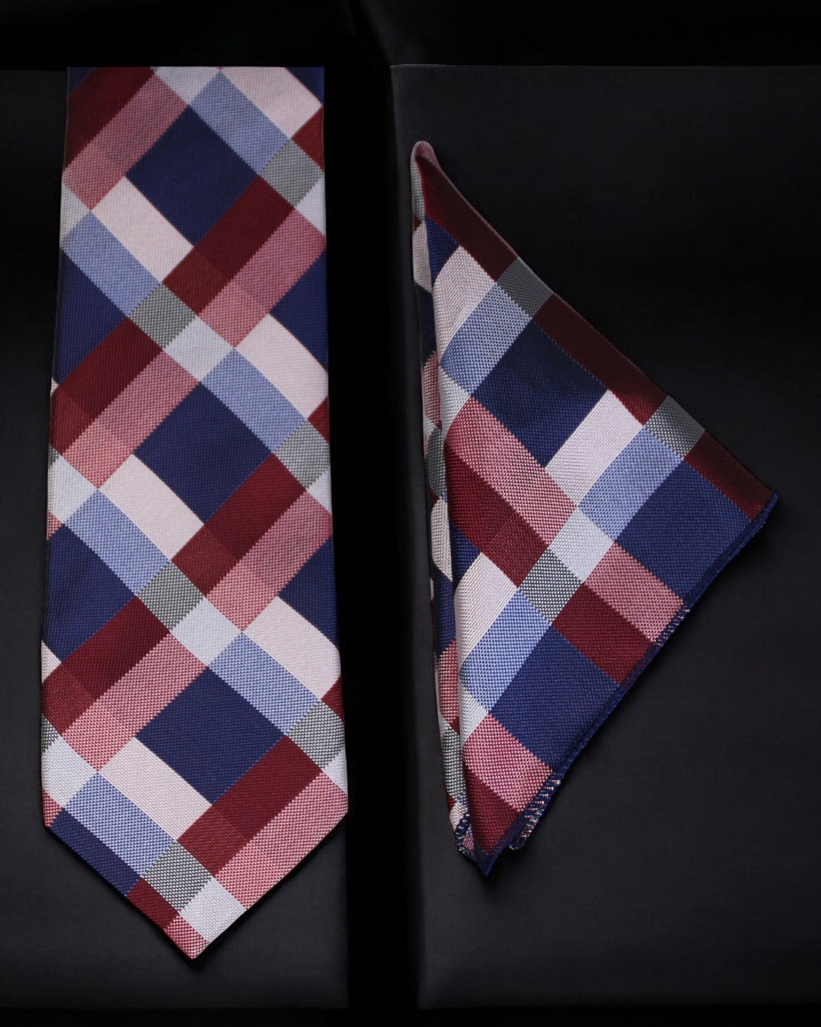 Plaid tie and pocket square set on a black background Tie Benon