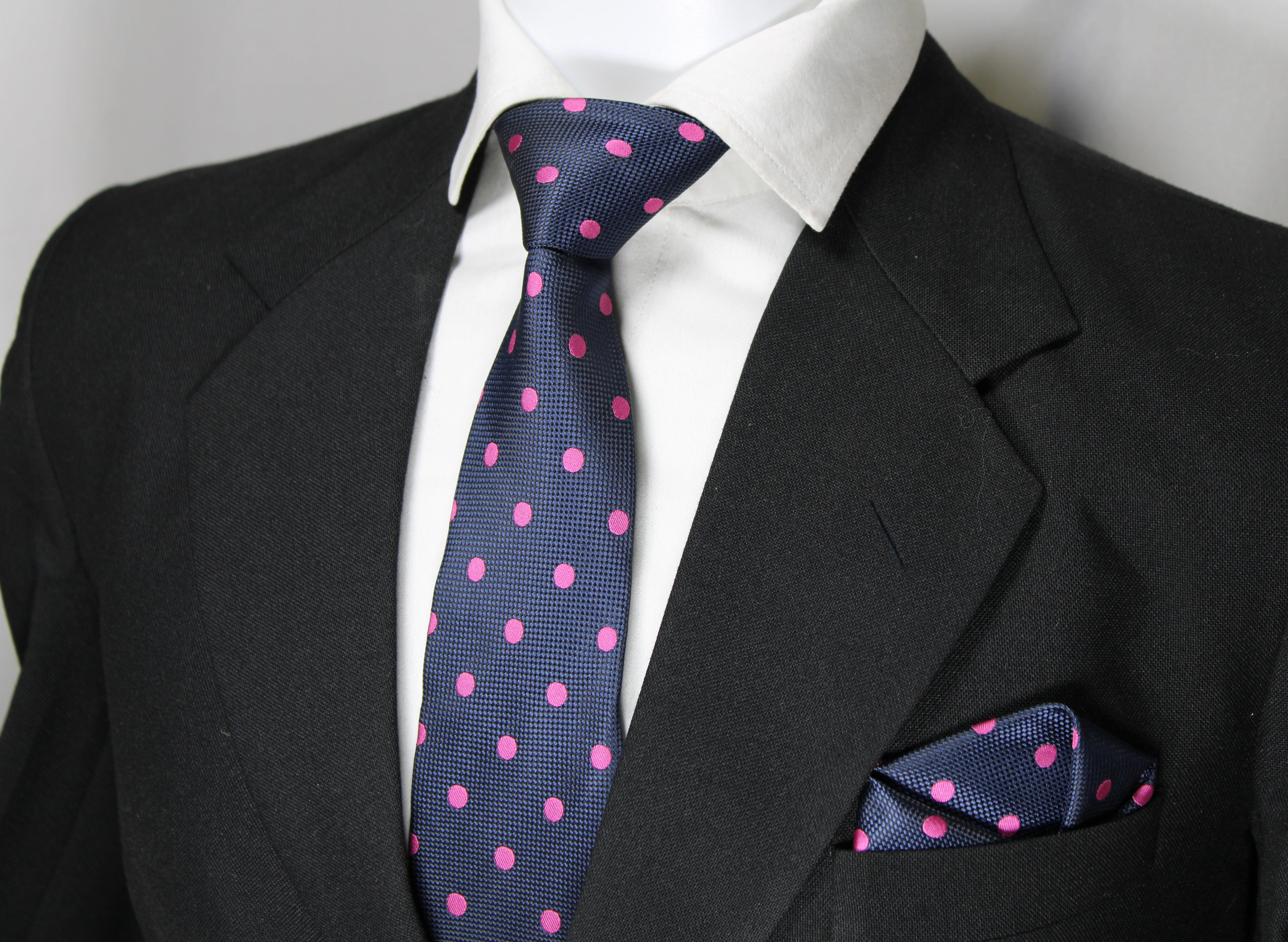 Navy & Pink Polka Dotted Tie & Pocket Square