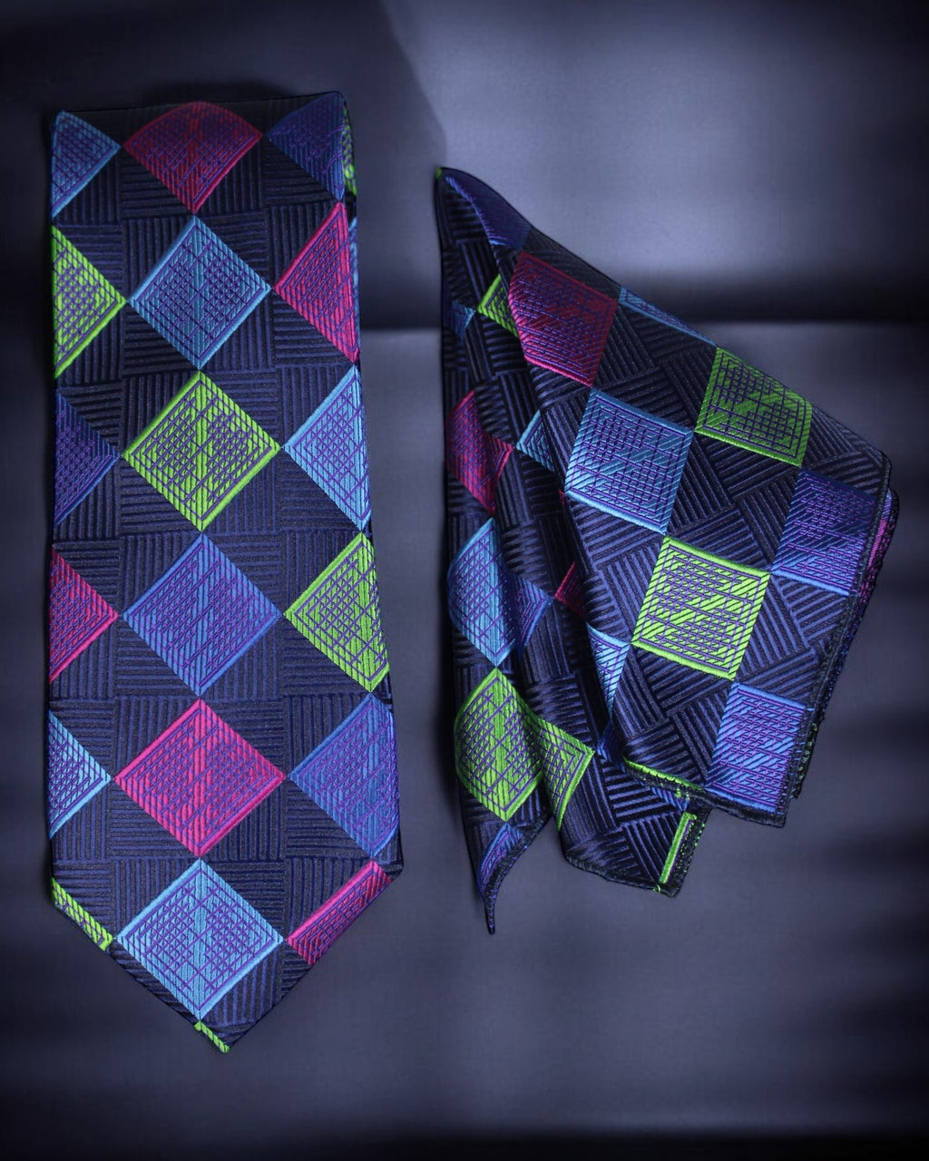 Neon geometric tie and pocket square set on a dark background tie benon