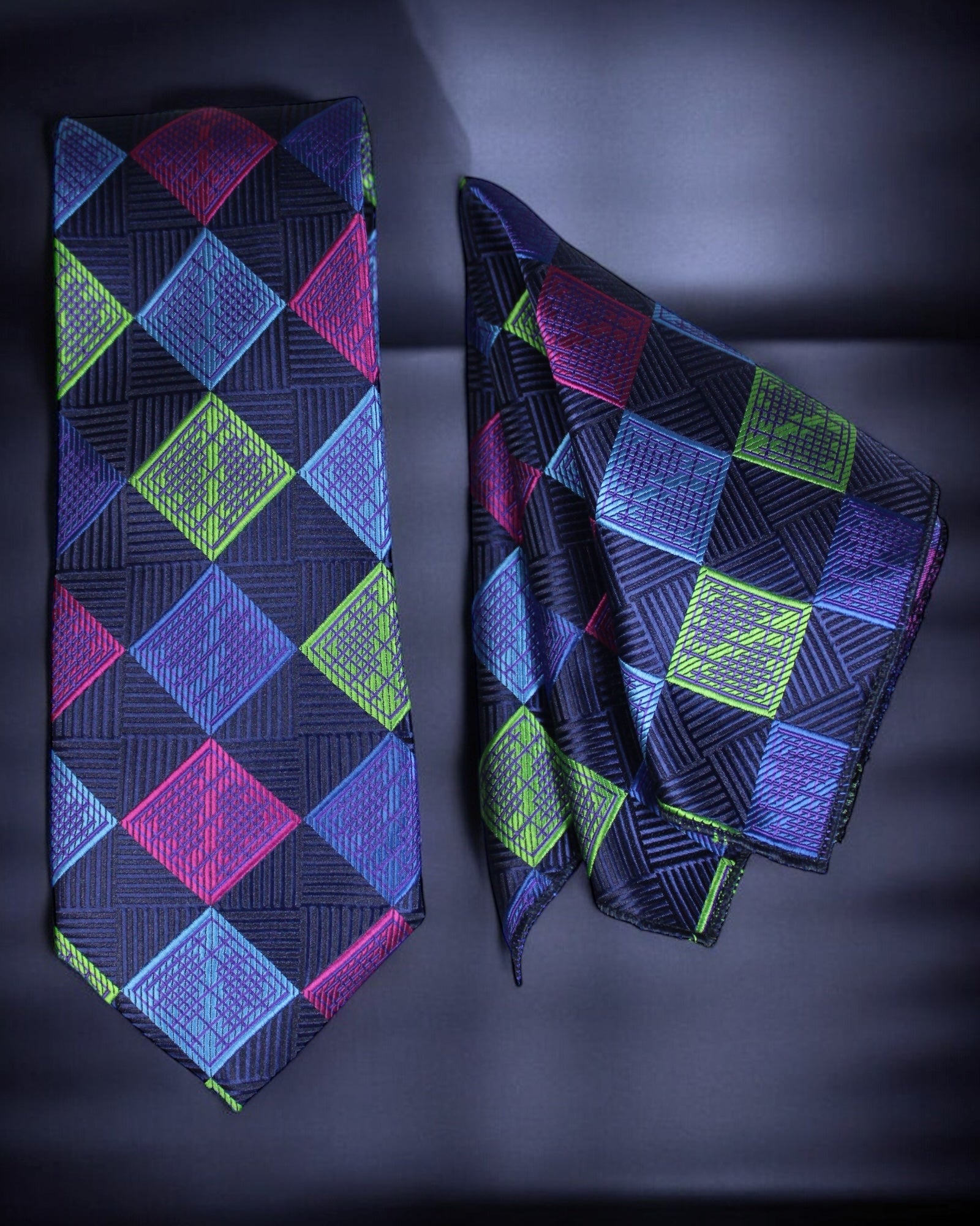 Neon geometric tie and pocket square set on a dark background tie benon