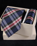 Plaid tie and pocket square set in a white box on a black background Tie Benon
